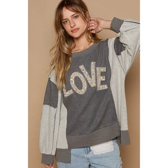 POL Charcoal Grey Graphic Sweatshirt | French Terry Color Block LOVE Pullover - Picture 6 of 6